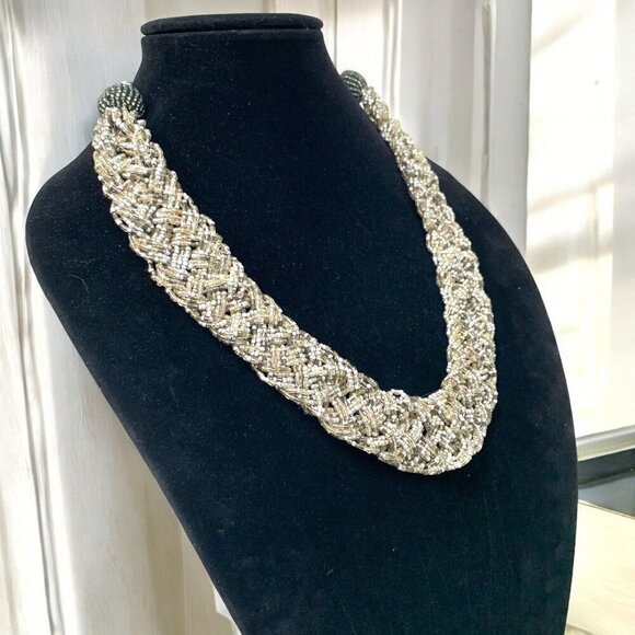 Braided Rope Style Seed Bead Necklace Silver Grey Ivory Lobster Clasp 24"L - Picture 2 of 5